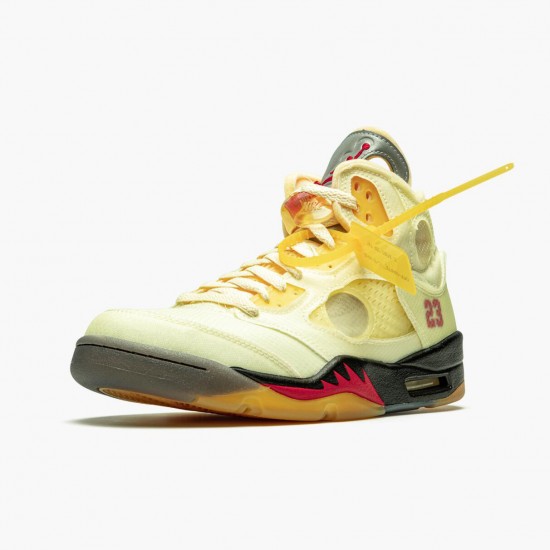 OFF-WHITE x Air Jordan 5 Retro "Sail" Mens Basketball Shoes Sail/Fire Red-Muslin-Black DH8565 100 AJ5 Jordan Sneakers